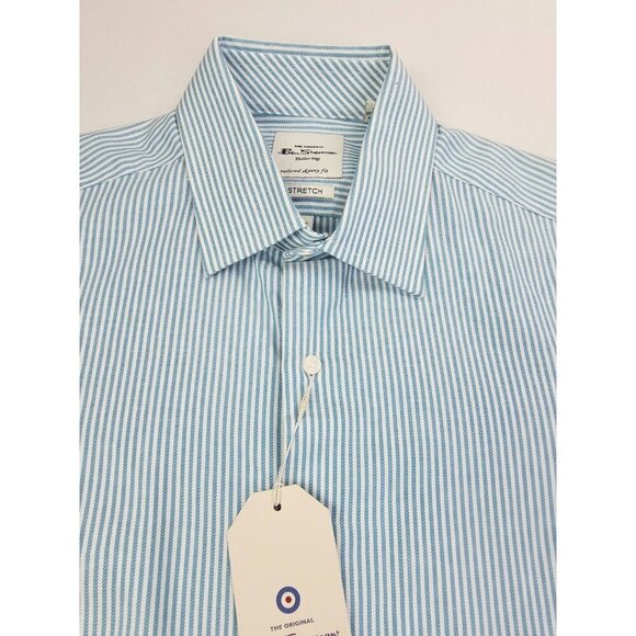 Ben Sherman Taiiored Skinny Fit Stretch Size 15.5 32/33 White Teal L/S Shirt NWT - Picture 1 of 11